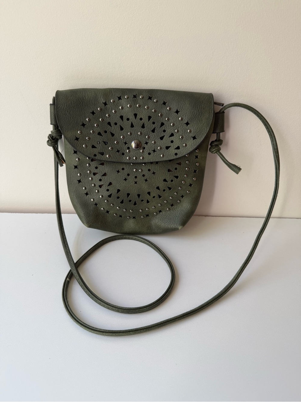 Olive Green Laser Cut Stud Crossbody Bag